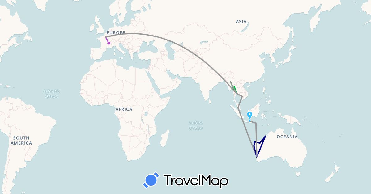 TravelMap itinerary: driving, bus, plane, train, boat in Australia, France, Indonesia, Cambodia, Myanmar (Burma), Malaysia, Thailand (Asia, Europe, Oceania)